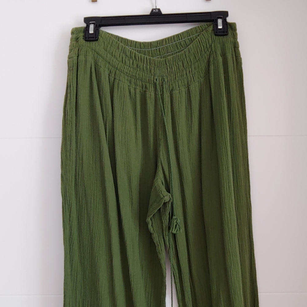 Green cotton gauze wide leg pant